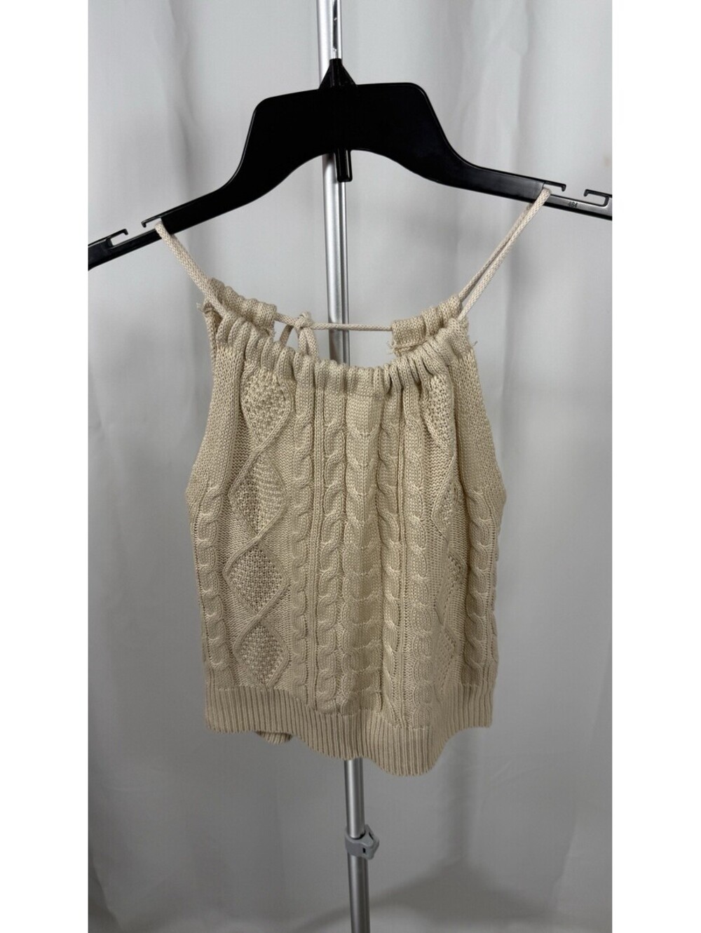 Cream Cable Knit Sweater Tank Top Large Halter Tie Neck Trendy Fall Layer